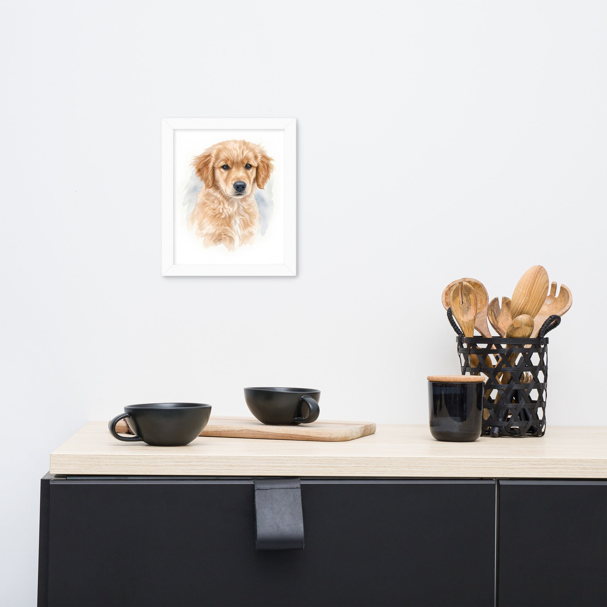 Custom pet portrait watercolor print in white frame, 8x10 inch