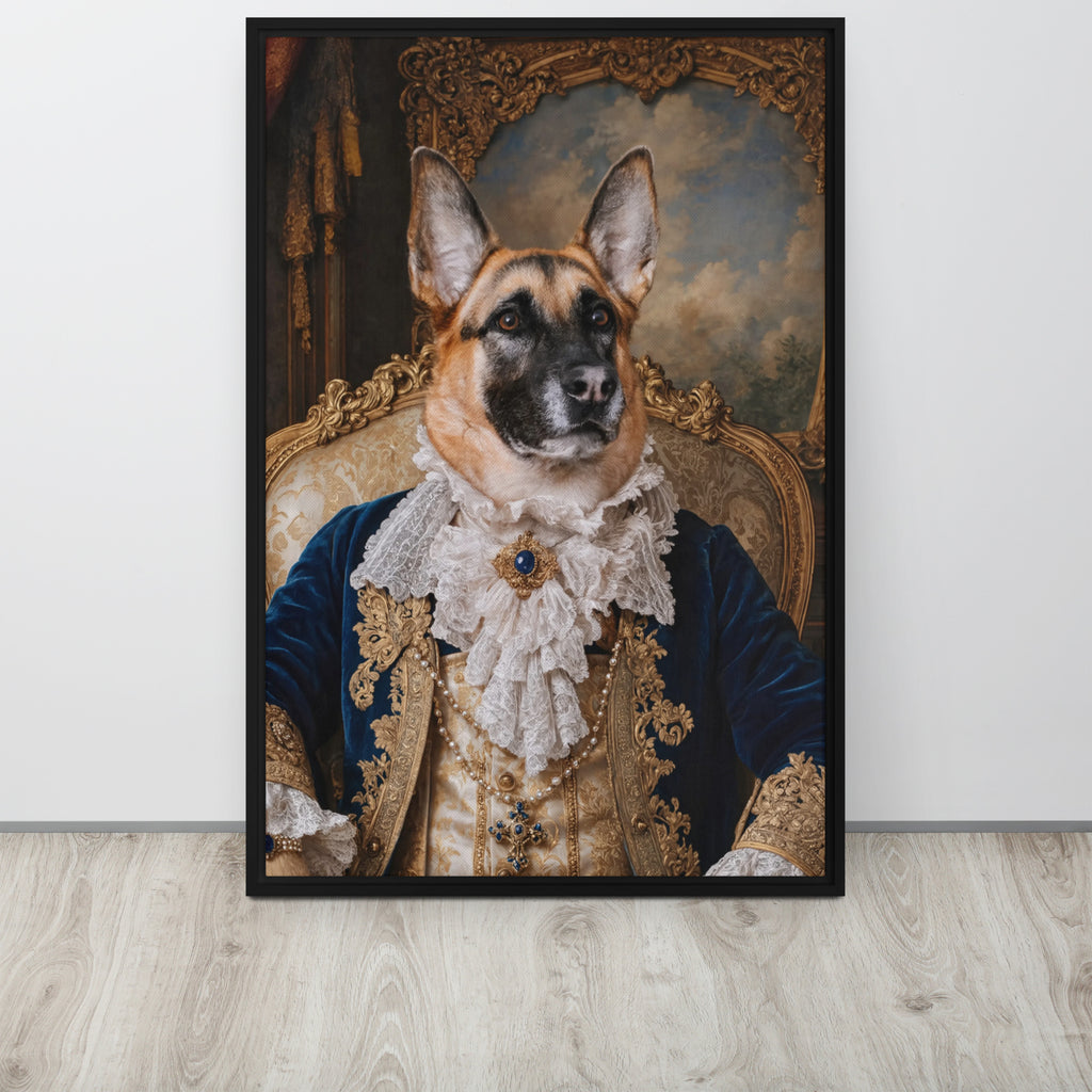 Framed custom dog artwork hanging on living room wall – personalized pet portrait