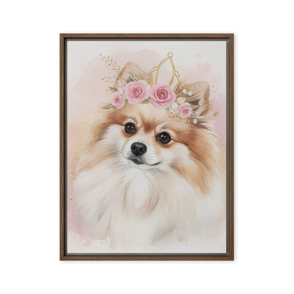 Custom dog portrait frame options: black, brown, white, and unframed canvas print