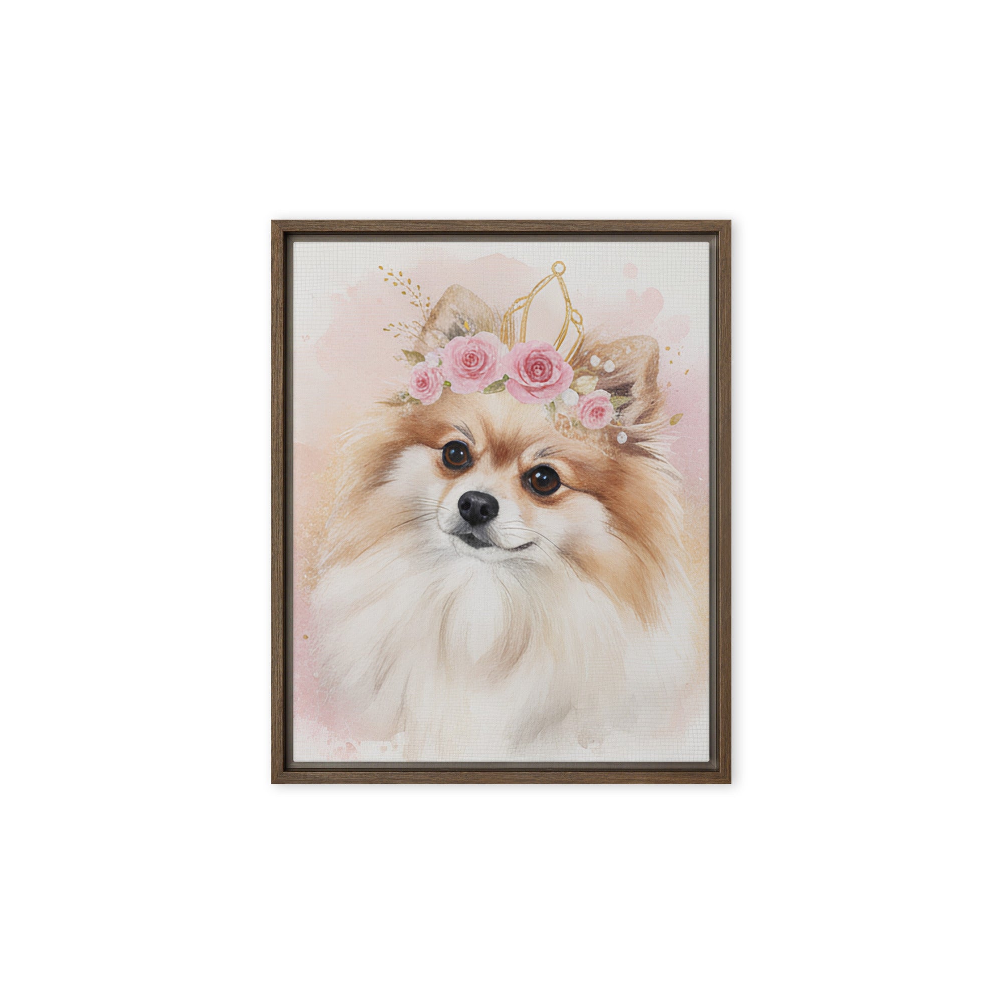 Custom Pomeranian watercolor portrait canvas print with floral crown — PetArtHaus