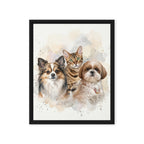 Watercolor custom pet portrait of three pets displayed on living room wall — personalized pet art gift by PetArtHaus