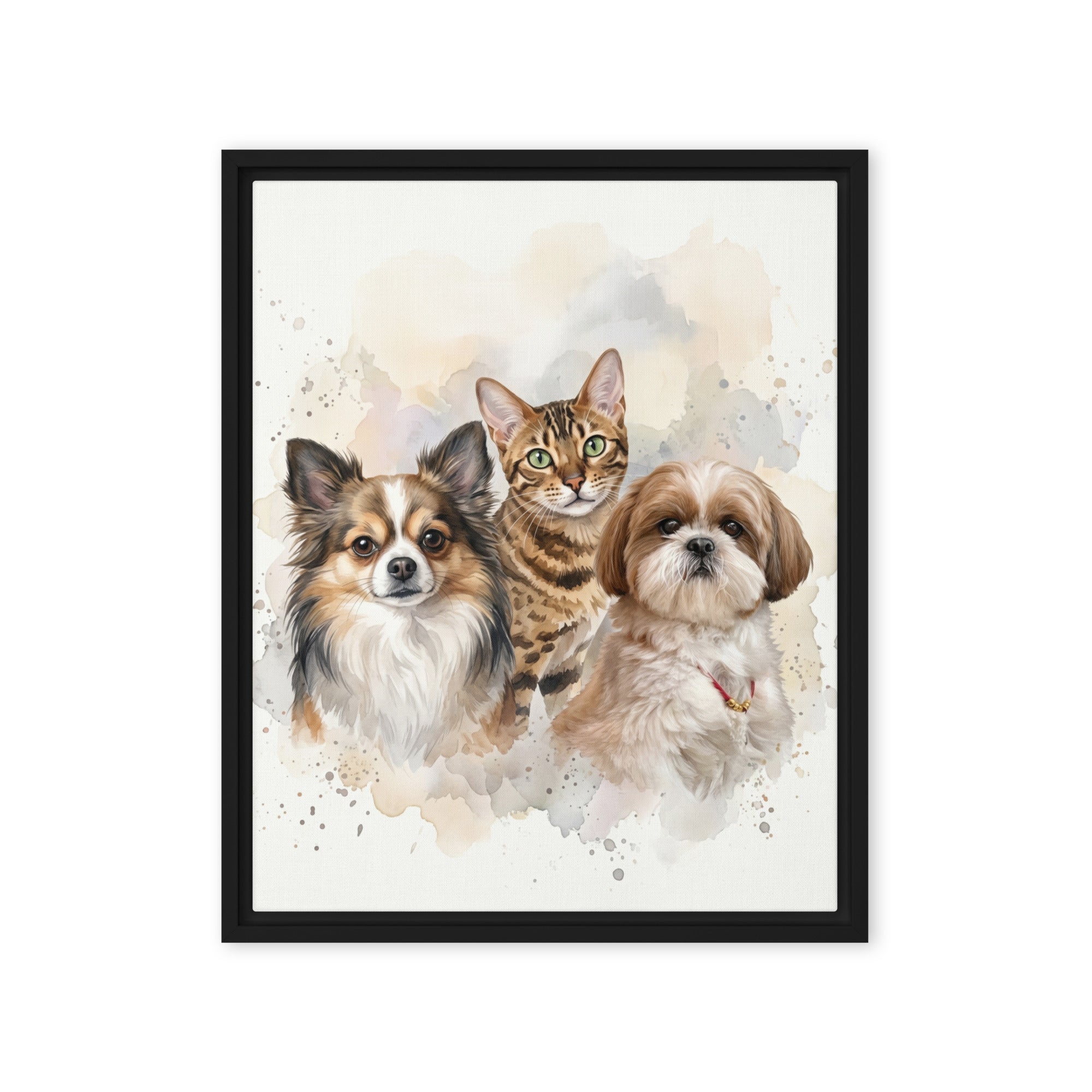 Watercolor custom pet portrait of three pets displayed on living room wall — personalized pet art gift by PetArtHaus