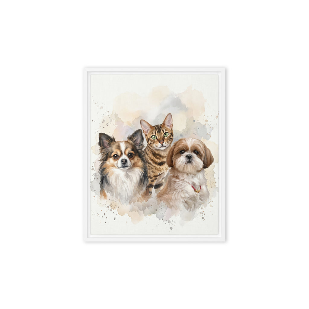 Personalized three-pet watercolor canvas print in white frame — custom pet family portrait by PetArtHaus
