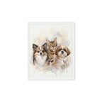 Personalized three-pet watercolor canvas print in white frame — custom pet family portrait by PetArtHaus