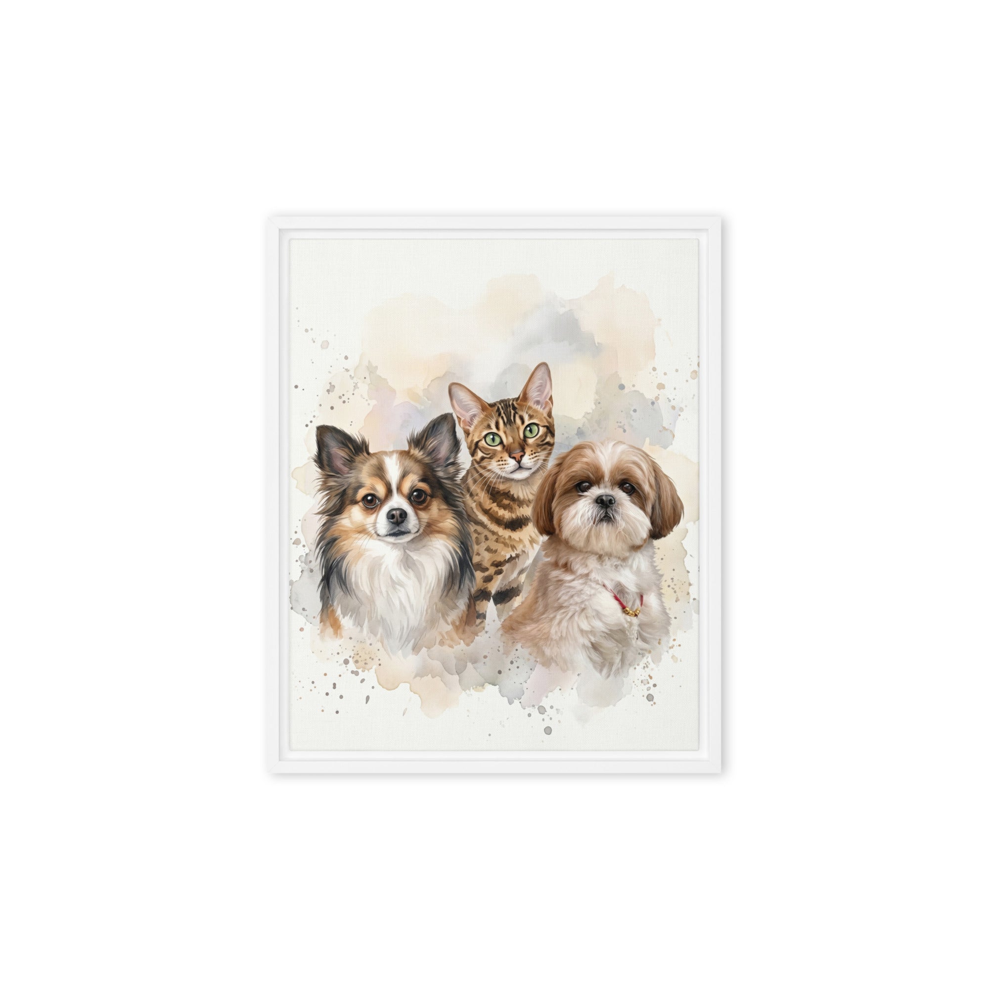 Personalized three-pet watercolor canvas print in white frame — custom pet family portrait by PetArtHaus
