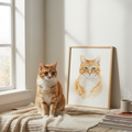Tabby cat next to its custom watercolor portrait in a frame