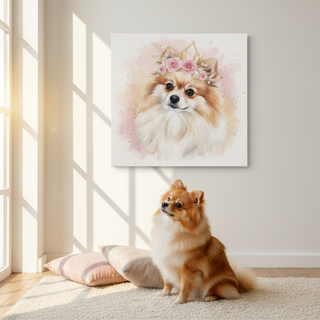 Female Pomeranian sitting below her watercolor portrait canvas with floral crown