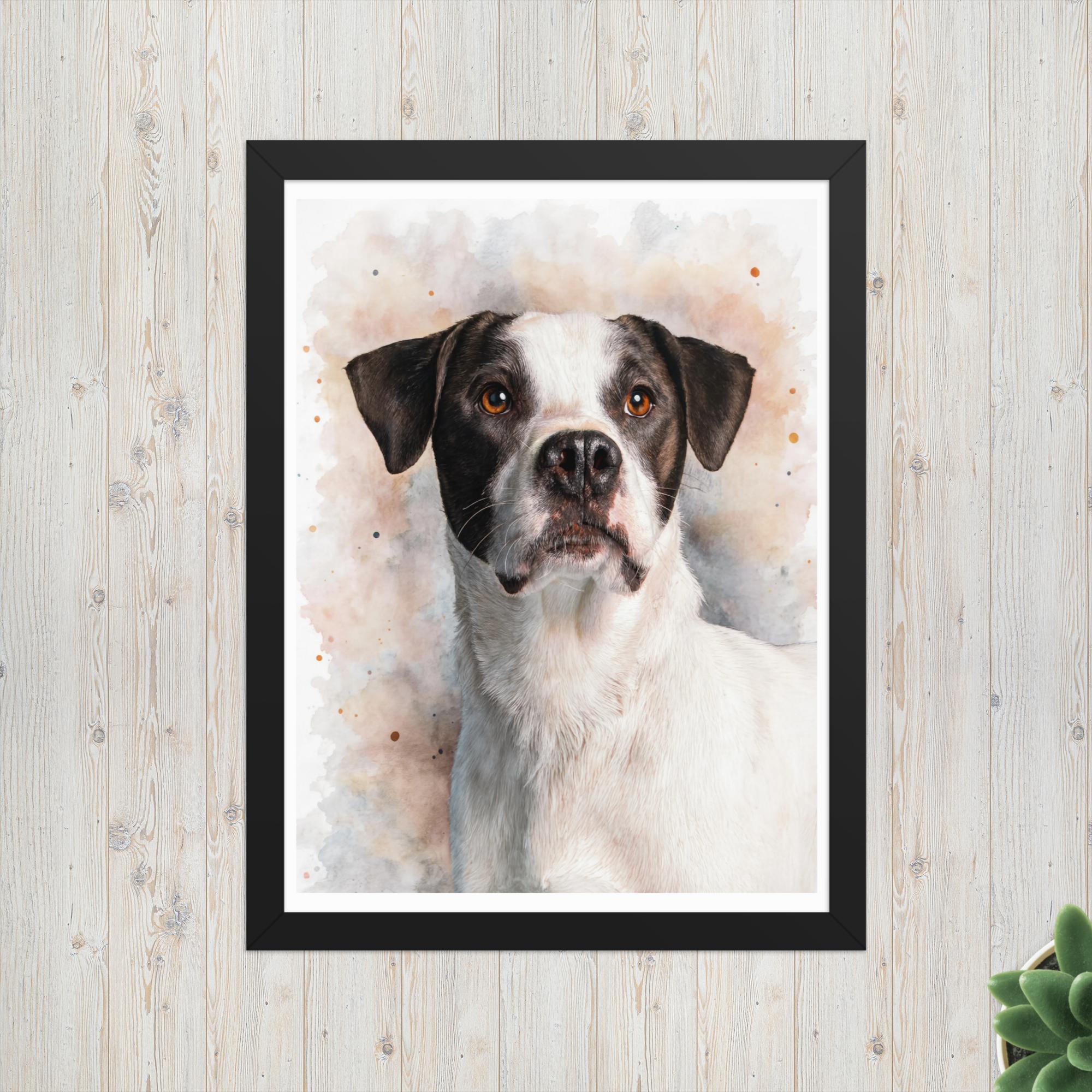 Custom watercolor pet portrait in black frame 12x16 – personalized dog art print by PetArtHaus
