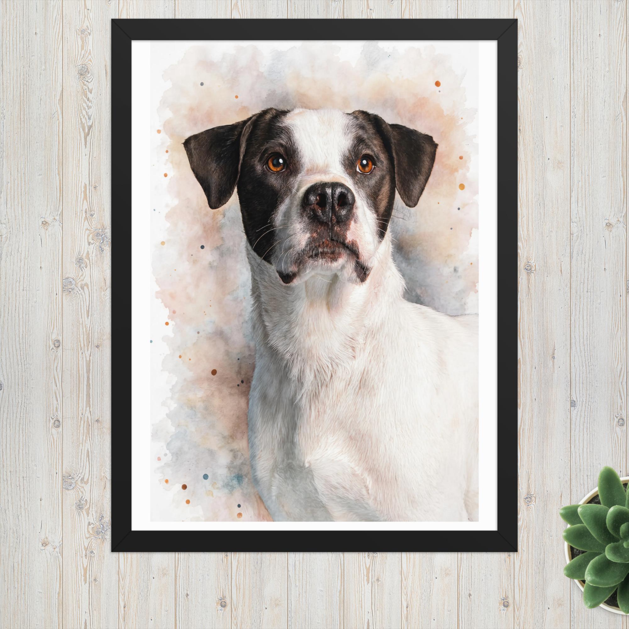 Personalized watercolor pet portrait hanging on living room wall – custom dog portrait gift
