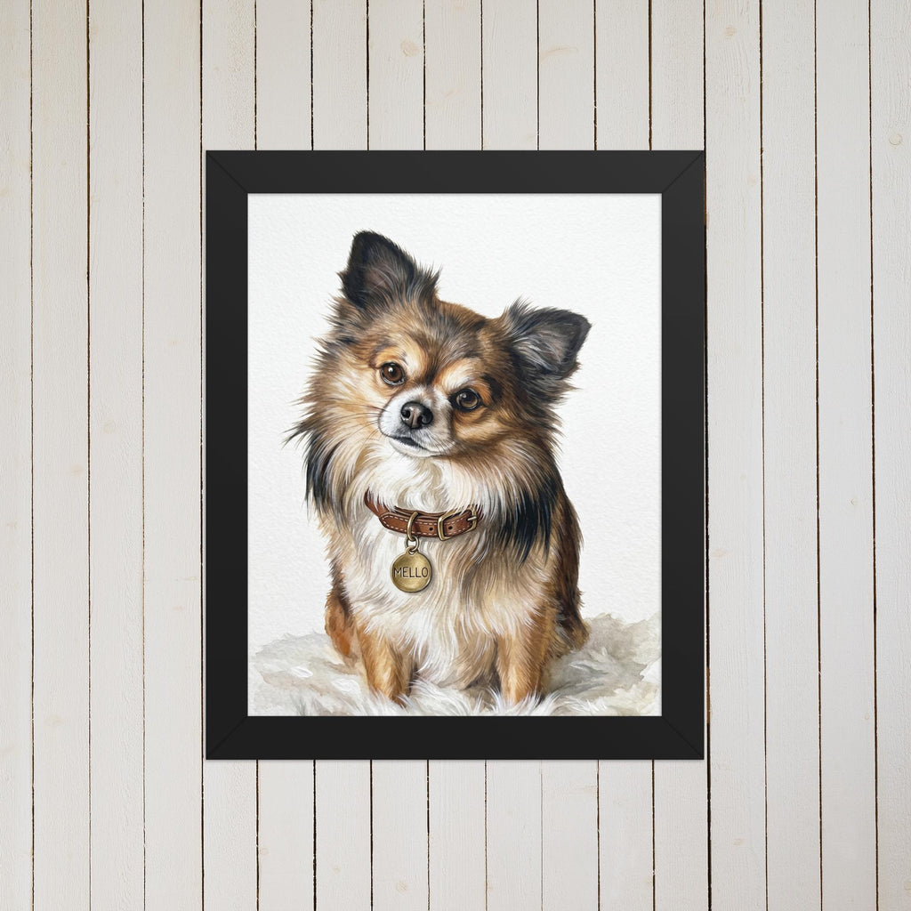 Framed painting of a dog with a collar on a white background 