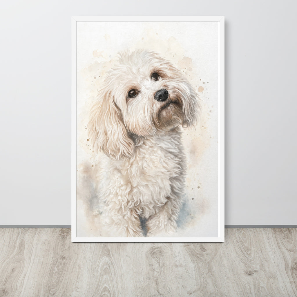 White framed custom pet portrait watercolor style — personalized dog wall art