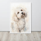 White framed custom pet portrait watercolor style — personalized dog wall art