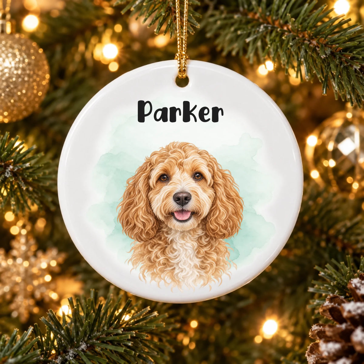 Personalized ceramic Christmas ornament with a watercolor dog portrait and Parker name hanging on a Christmas tree.