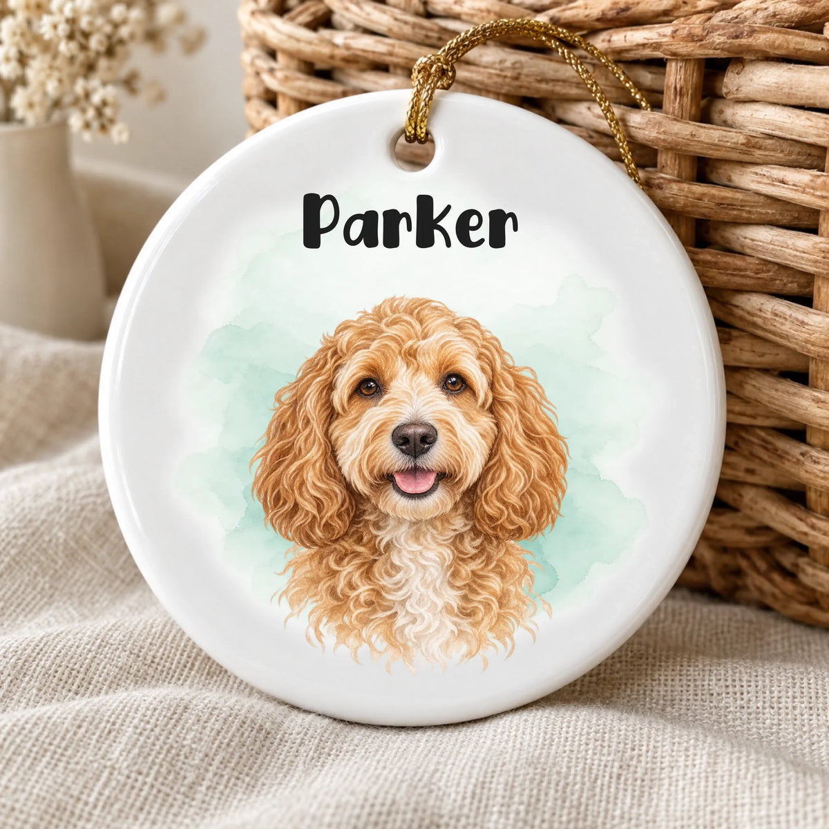 Personalized ceramic pet ornament with a watercolor dog portrait, Parker name and mint background beside wicker and linen.