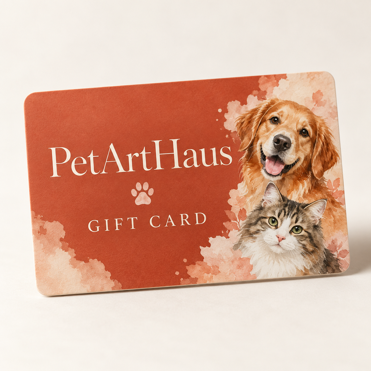 PetArtHaus digital gift card with watercolor dog and cat on a terracotta card