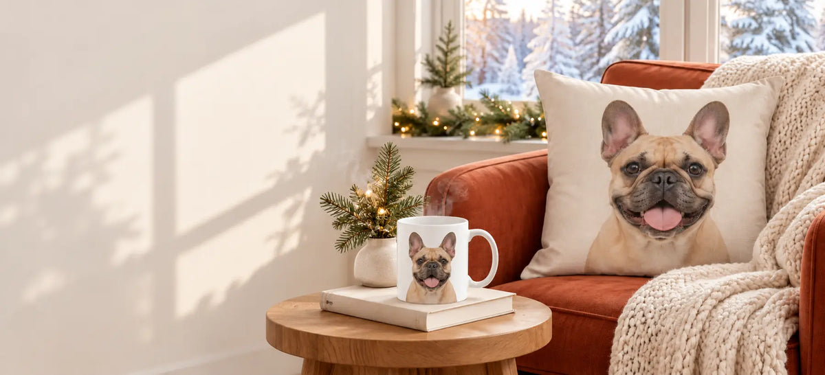 Personalized French bulldog pillow and white mug in a cozy winter room