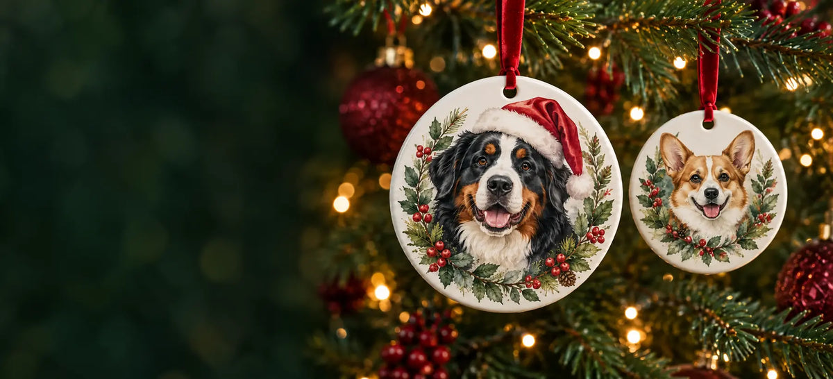 Personalized ceramic pet ornaments on a Christmas tree