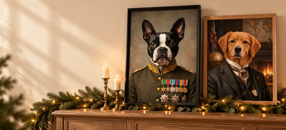 Field Marshal and Baron custom pet portraits with Christmas greenery