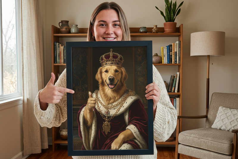 Woman holding renaissance dog portrait