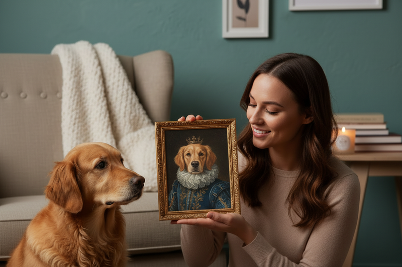 Woman with golden retriever holding renaissance portrait